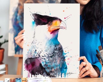 Noordelijke kuifcaracara Limited Edition aquarel Art Print door Slaveika Aladjova, kunst, dier, illustratie, vogel, kunst aan de muur, eigentijds