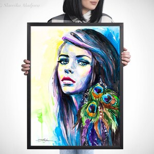 Peacock Girl watercolor painting print by Slaveika Aladjova, Fashion Illustration, Woman art, Illustration, watercolour, wall art,home decor image 9