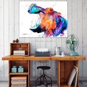 Hippo watercolor painting print by Slaveika Aladjova, art, animal, illustration, home decor, Nursery, African, Wildlife, wall art image 3