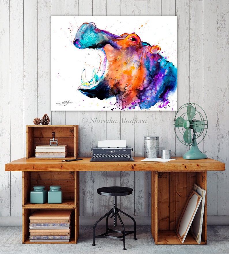 Hippo watercolor painting print by Slaveika Aladjova, art, animal, illustration, home decor, Nursery, African, Wildlife, wall art image 3