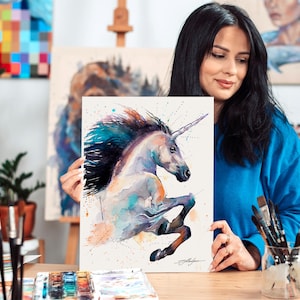 Unicorn watercolor painting print by Slaveika Aladjova, art, animal, illustration, home decor, Nursery, gift, Wildlife, wall art,