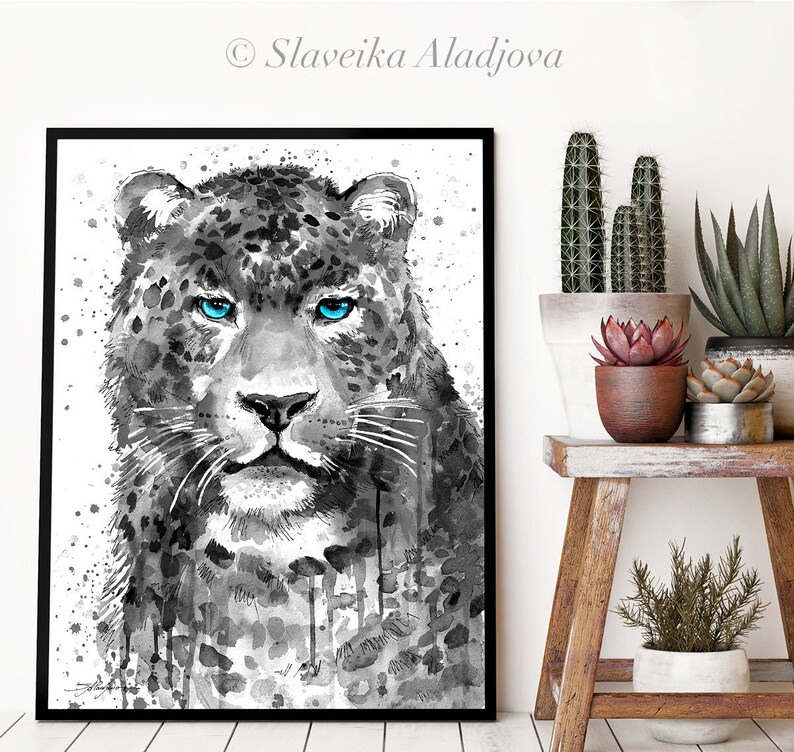 Wildlife wall art illustration animal Black and white Panther Leopard Jaguar watercolor painting print by Slaveika Aladjova home decor