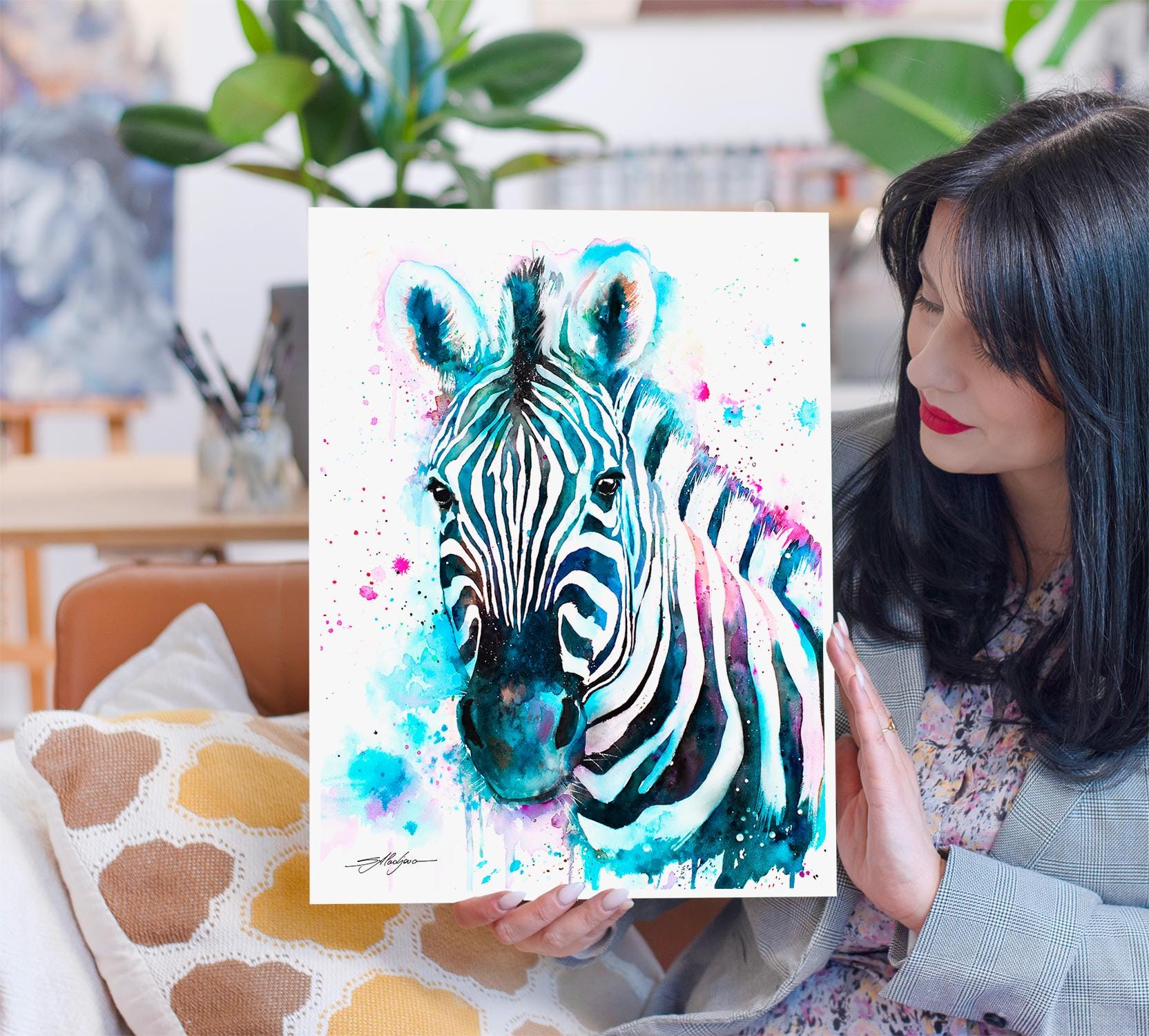 Blue Zebra Watercolor Painting Print by Slaveika Aladjova