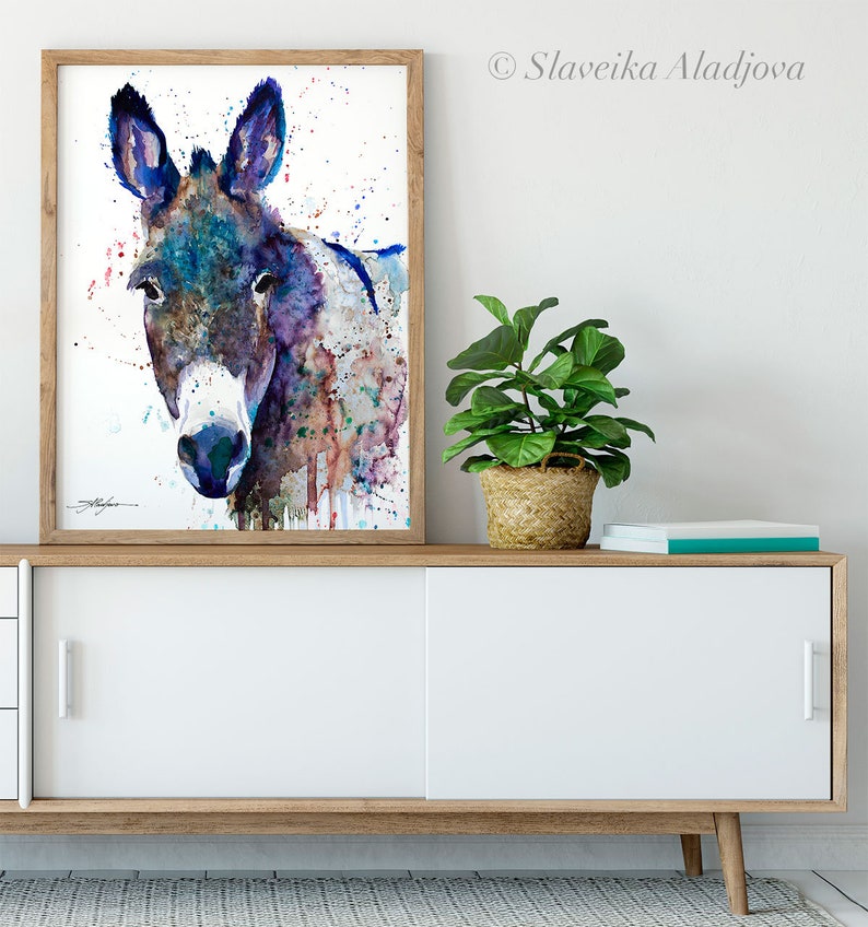 Blue Donkey Watercolor Painting Print by Slaveika Aladjova, Art, Animal ...