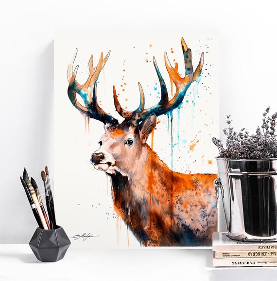 スラベイカ・アラジョワによるアカシカの雄鹿の水彩画プリント、アート