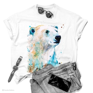 Polar bear watercolor ladies&#39; T-shirt, women&#39;s tees, Teen Clothing, Girls&#39; Clothing, ring spun Cotton 100%, watercolor print T-shirt,art