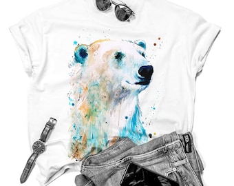 Polar bear watercolor ladies' T-shirt, women's tees, Teen Clothing, Girls' Clothing, ring spun Cotton 100%, watercolor print T-shirt,art
