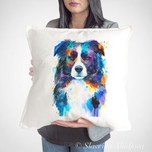 Border Collie, funda de almohada de perro de Slaveika Aladjova, funda de cojín, funda de almohada decorativa, arte animal, almohada de acuarela, mascota linda,