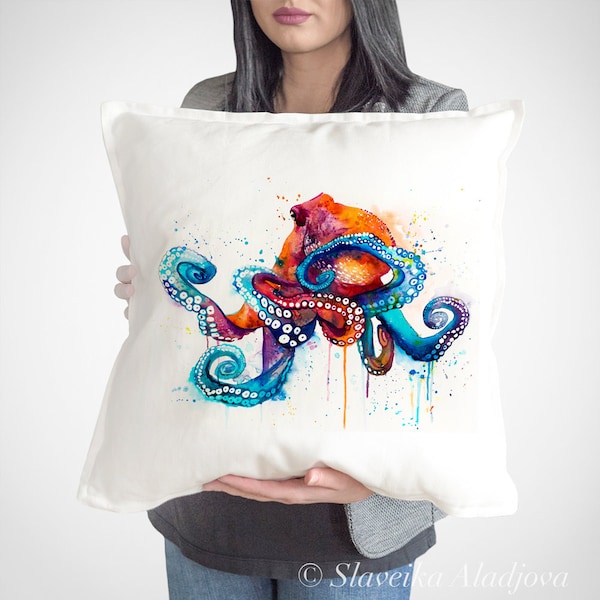 Octopus watercolor throw pillow cover by Slaveika Aladjova, cushion cover, Decorative Pillow Cover, Art, Watercolor pillow, Christmas gift