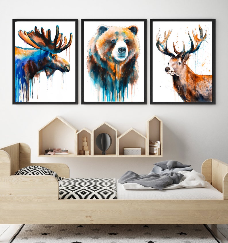 Set of 3 Prints, Moose, Bear, Deer Watercolor Painting Print by ...