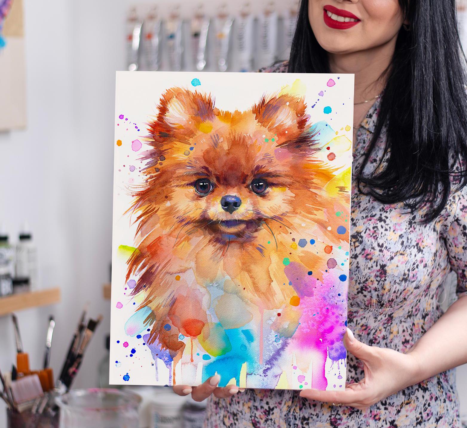 スラヴェイカ・アラジョヴァ作「ポメラニアン犬」限定版水彩画アート