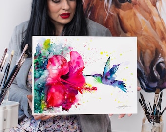 Violetear Hummingbird watercolor painting print by Slaveika Aladjova, art, animal, illustration, bird, home decor, Flower, Hibiscus