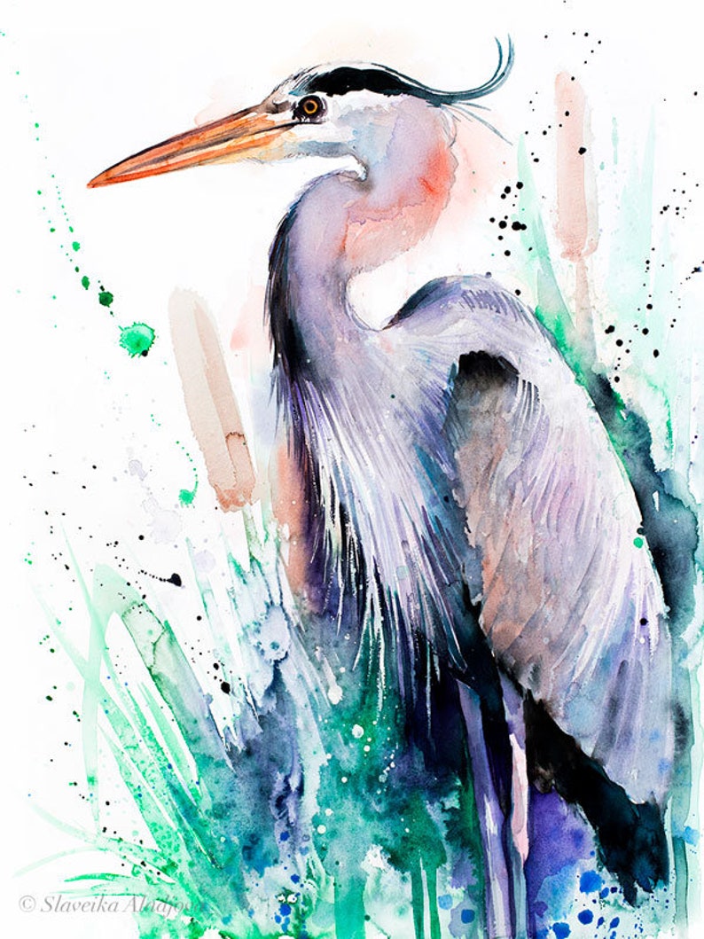 Great blue heron watercolor painting print by Slaveika | Etsy