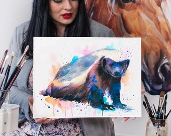 Honey badger watercolor painting print by Slaveika Aladjova, art, animal, illustration, home decor, Nursery, gift, Wildlife, wall art
