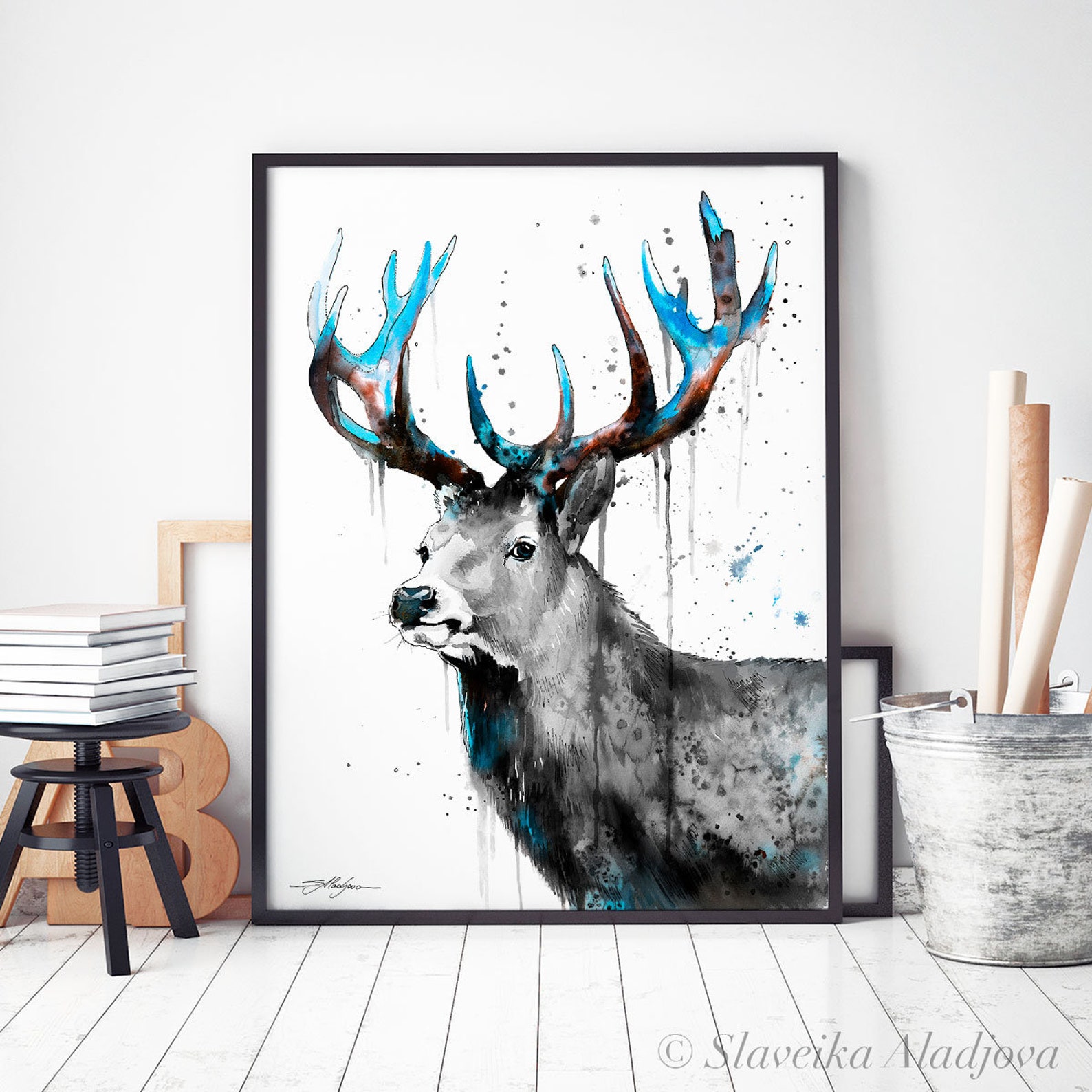 Black and White Deer Watercolor Painting Print by Slaveika Aladjova ...