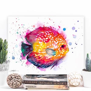 Discus watercolor painting print by Slaveika Aladjova, art, animal, illustration, Sea art, sea life art, nautical, ocean art, wall art, Fish