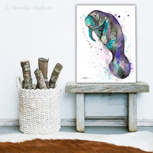 Blue manatee watercolor painting print by Slaveika Aladjova, art, animal, illustration, Sea art, sea life art, home decor, Wall art image 9