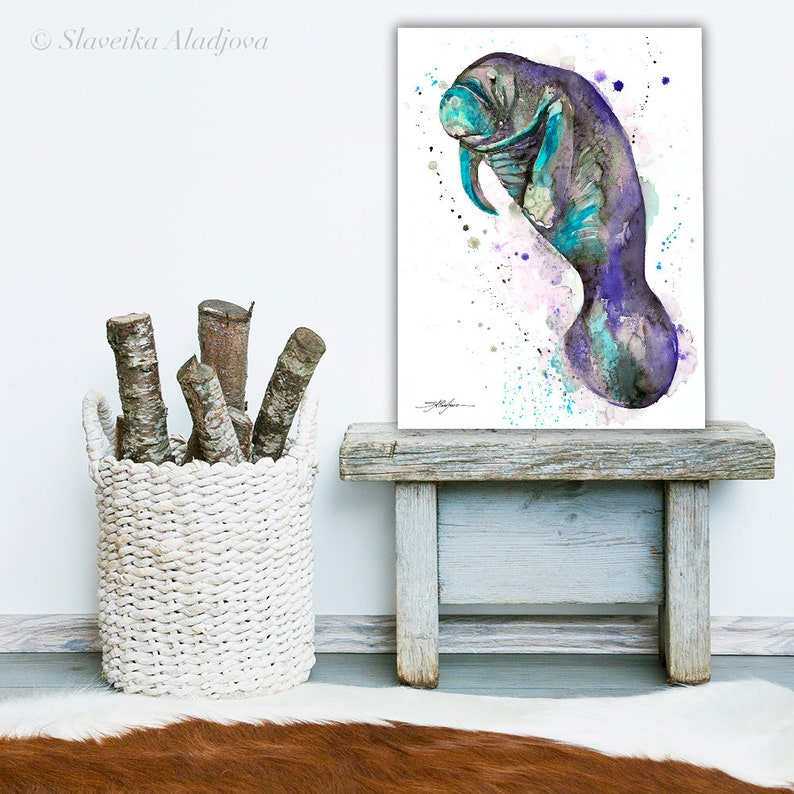 Blue manatee watercolor painting print by Slaveika Aladjova, art, animal, illustration, Sea art, sea life art, home decor, Wall art image 9