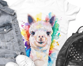 Alpaca, Unisex T-shirt with a Horse Art, Men's tees, watercolor print tee, ring spun Cotton 100%, Colourful print, art, painting