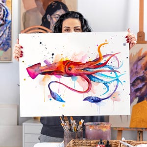 Squid watercolor painting print by Slaveika Aladjova, art, animal, illustration, Sea art, sea life art, home decor, extra large print