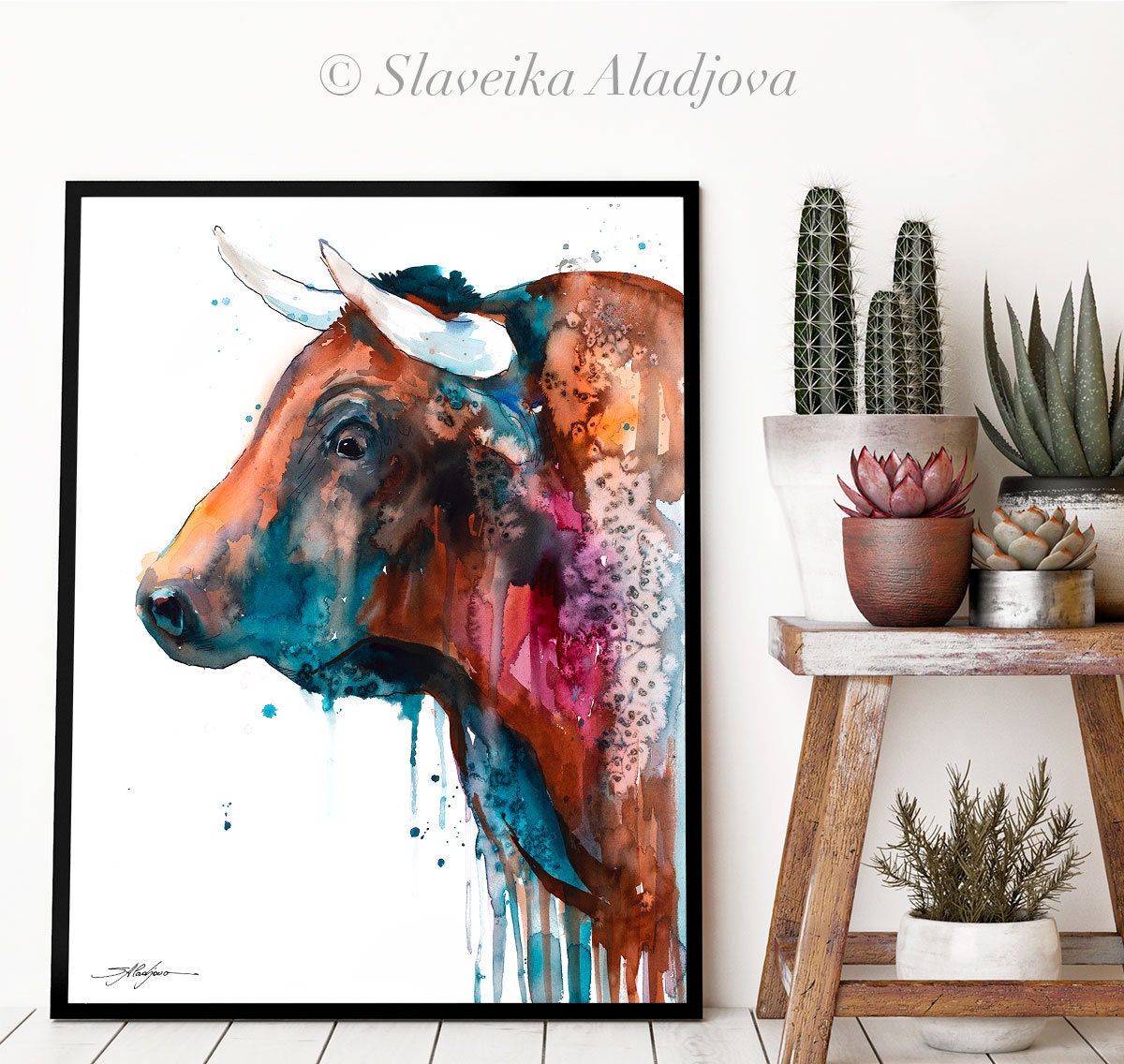 Brown Bull Watercolor Painting Print by Slaveika Aladjova, Art, Animal ...