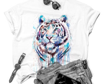 White Tiger watercolor ladies' T-shirt, women's tees, Teen Clothing, Girls' Clothing, ring spun Cotton 100%, watercolor print