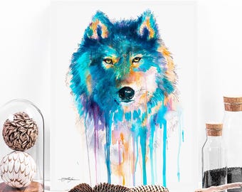 スラベイカ・アラジョワによる青いオオカミの水彩画プリント、アート