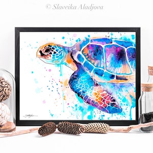 Blauwe zeeschildpad aquarel schilderij afdrukken door Slaveika Aladjova, kunst, dier, illustratie, zeekunst, zeeleven kunst, home decor, kunst aan de muur afbeelding 8