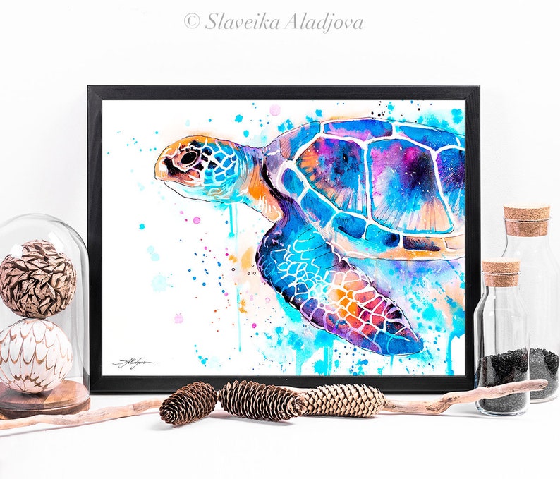 Blauwe zeeschildpad aquarel schilderij afdrukken door Slaveika Aladjova, kunst, dier, illustratie, zeekunst, zeeleven kunst, home decor, kunst aan de muur afbeelding 8