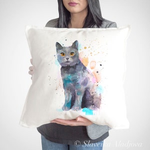 Funda de cojín Chartreux, cojín, Funda decorativa para cojín, Idea de regalo para amantes de los animales, Almohada de acuarela, Estampado lindo, Estampado decorativo para gatos