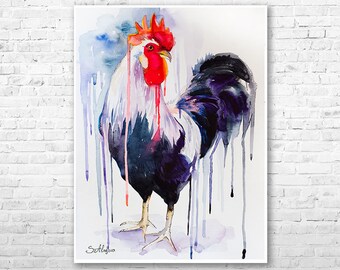 Rooster watercolor painting print by Slaveika Aladjova, animal, illustration, wall art, Giclee Print, farm, portrait, Chicken, hen, kitchen