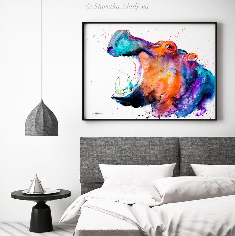 Hippo watercolor painting print by Slaveika Aladjova, art, animal, illustration, home decor, Nursery, African, Wildlife, wall art image 7