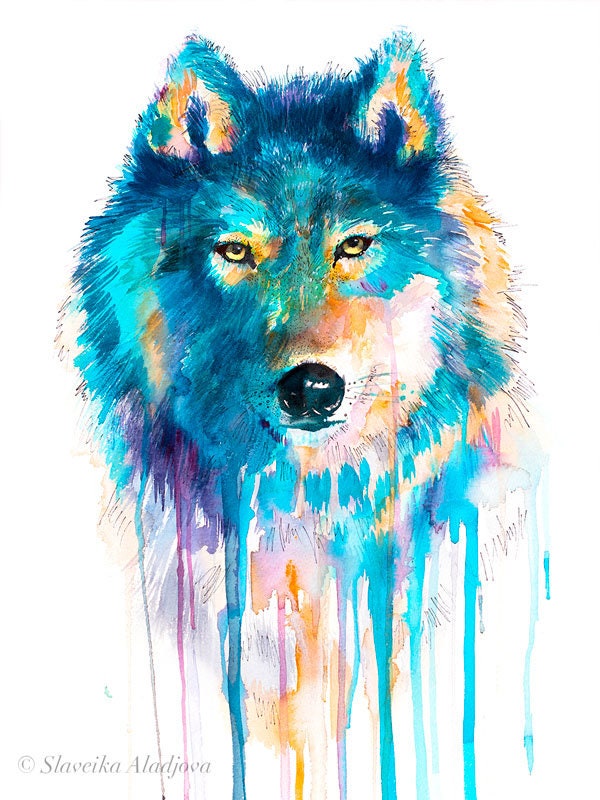 スラベイカ・アラジョワによる青いオオカミの水彩画プリント、アート
