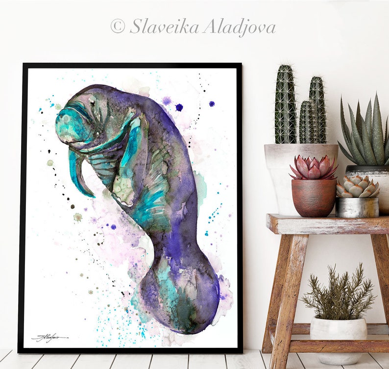 Blue manatee watercolor painting print by Slaveika Aladjova, art, animal, illustration, Sea art, sea life art, home decor, Wall art image 4