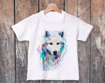 T-shirt pour enfants aquarelle Arctic Wolf, vêtements pour garçons, vêtements pour filles, coton filé en anneau 100%, T-shirt imprimé aquarelle, art du t-shirt