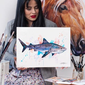 Tiger shark watercolor painting print by Slaveika Aladjova, art, animal, illustration, Sea art, sea life art, home decor, Wall art