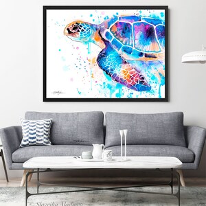 Blauwe zeeschildpad aquarel schilderij afdrukken door Slaveika Aladjova, kunst, dier, illustratie, zeekunst, zeeleven kunst, home decor, kunst aan de muur afbeelding 9