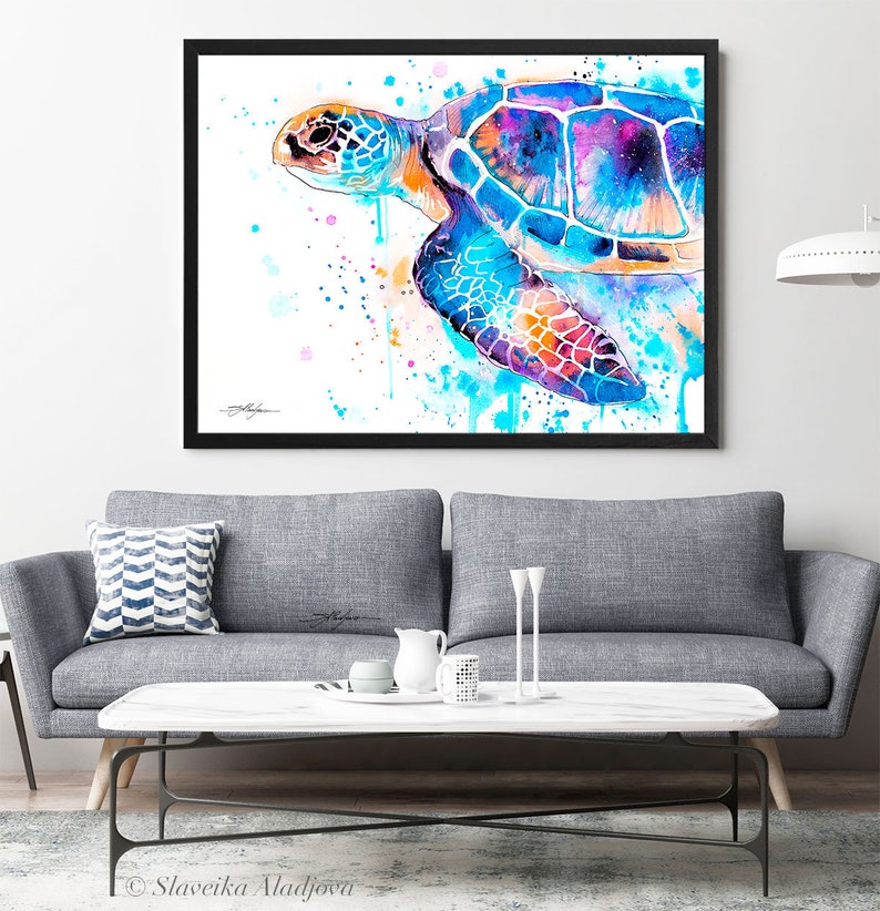 Blauwe zeeschildpad aquarel schilderij afdrukken door Slaveika Aladjova, kunst, dier, illustratie, zeekunst, zeeleven kunst, home decor, kunst aan de muur afbeelding 9