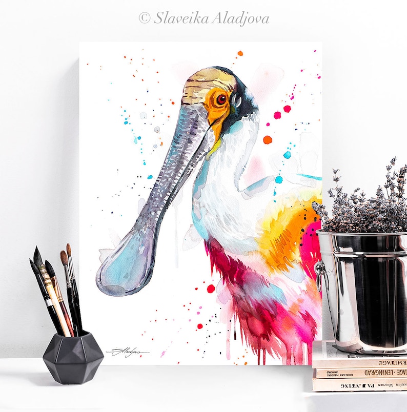Roseate spoonbill watercolor painting print by Slaveika Aladjova, animal art, illustration, bird, home decor, wall art, portrait, gift image 4
