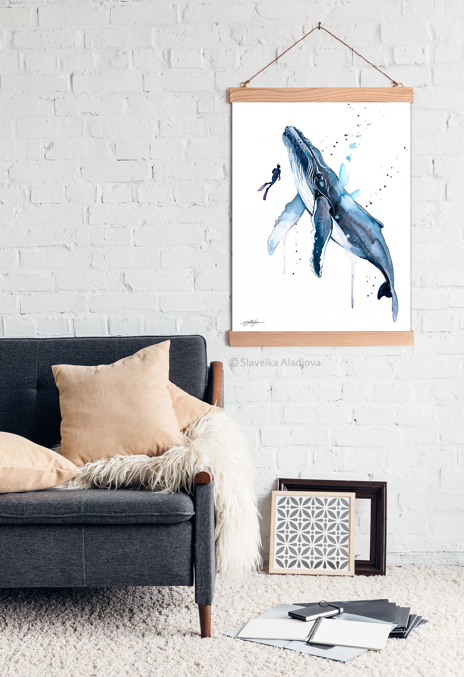 Scuba Diving with Humpback Whale Watercolor Painting Framed, Wall