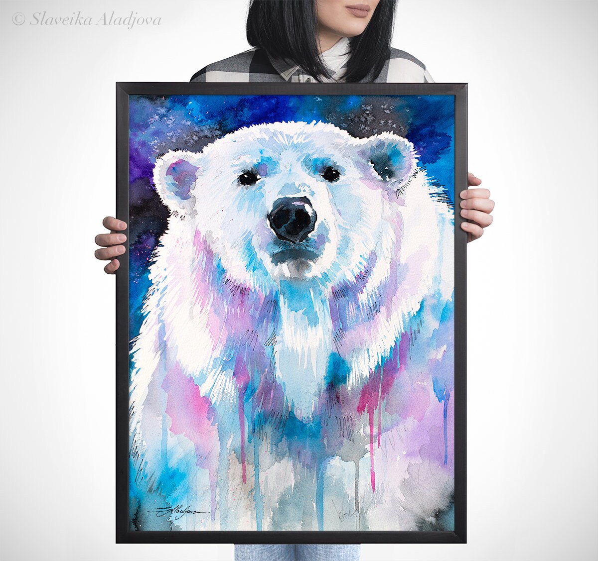 Slaveika Aladjova による青いシロクマの水彩画プリント、アート、動物