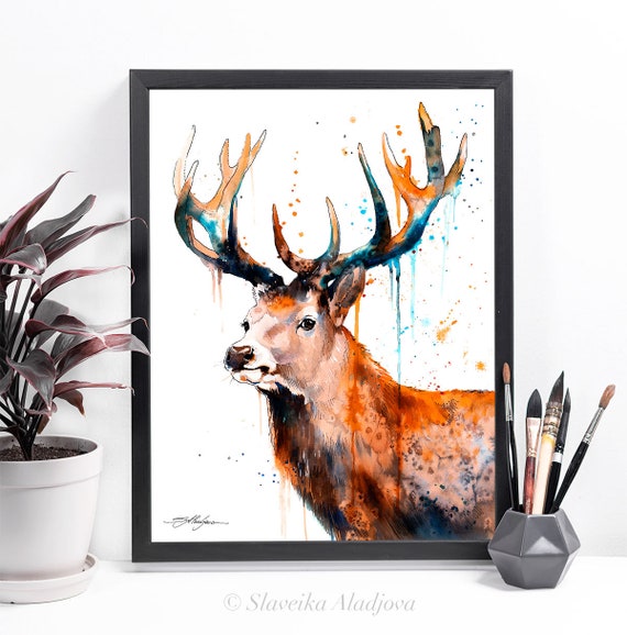 スラベイカ・アラジョワによるアカシカの雄鹿の水彩画プリント、アート