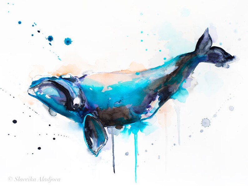 Синий кит рисунок акварелью