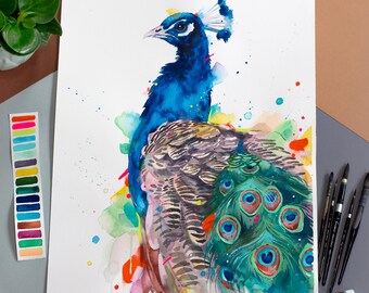 Peacock watercolor Limited Edition Watercolor Art Print by Slaveika Aladjova, animal, illustration, bird, home decor, wall art, Wildlife