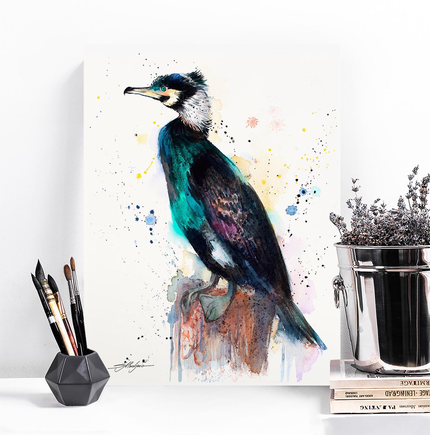 フウセントウワタ　水彩画 絵画 動物 鳥 カワセミ インテリアアート額付き 水彩画・油絵風