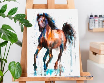 May include: Watercolor painting of a brown horse running with a blue and green background.