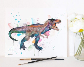 Tyrannosaurus rex, T rex dinosaur watercolor painting print 8x10 inches print for Dino Lovers, artist Slaveika Aladjova