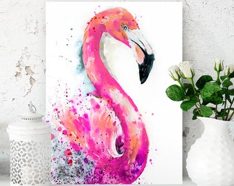 Pink Flamingo watercolor painting print by Slaveika Aladjova, art, animal, illustration, bird, home decor, wall art, gift, Wildlife