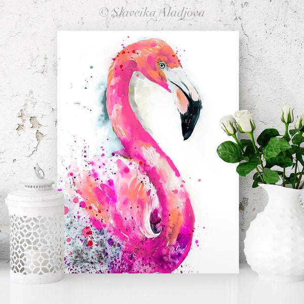 Peinture à l’aquarelle Pink Flamingo imprimée par Slaveika Aladjova, art, animal, illustration, oiseau, décoration intérieure, art mural, cadeau, Faune