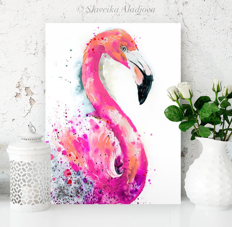 Pink Flamingo watercolor painting print by Slaveika Aladjova, art, animal, illustration, bird, home decor, wall art, gift, Wildlife image 1